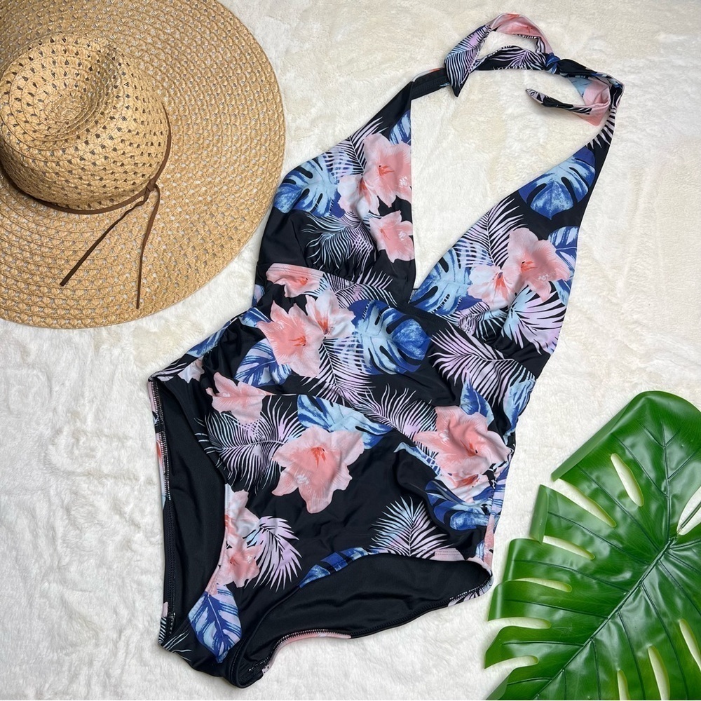 DKNY Halter Shirred One Piece Swimsuit With Tropical Floral Print - Picture 2 of 8
